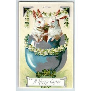 Easter Postcard Bunny White Rabbits Tuck Cracked Egg Flowers Series 704 Embossed